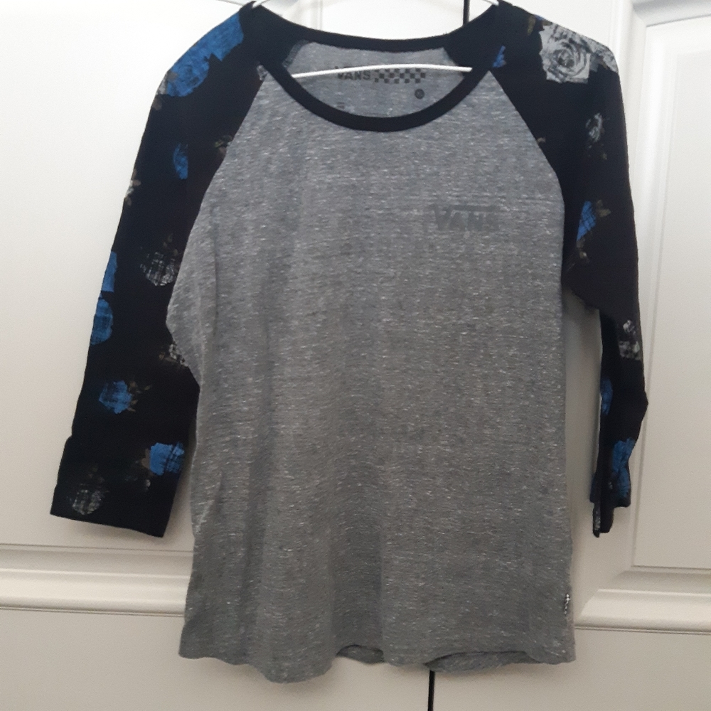Van's grey and blue floral 3/4 sleeve top Size XL